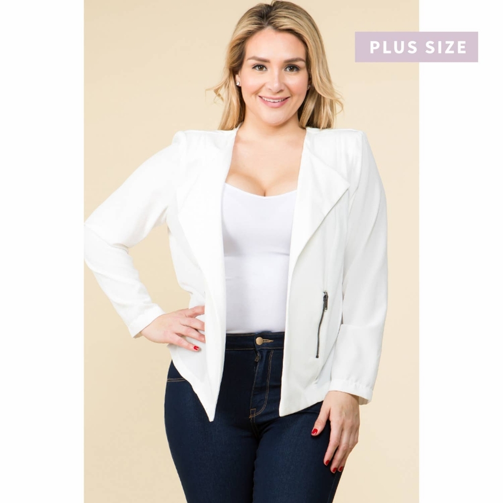 PLUS SIZE OPEN FRONT DRAPED JACKET WITH ZIPPER POC